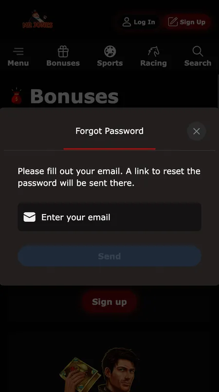 Password reset screen at Mr Jones Casino